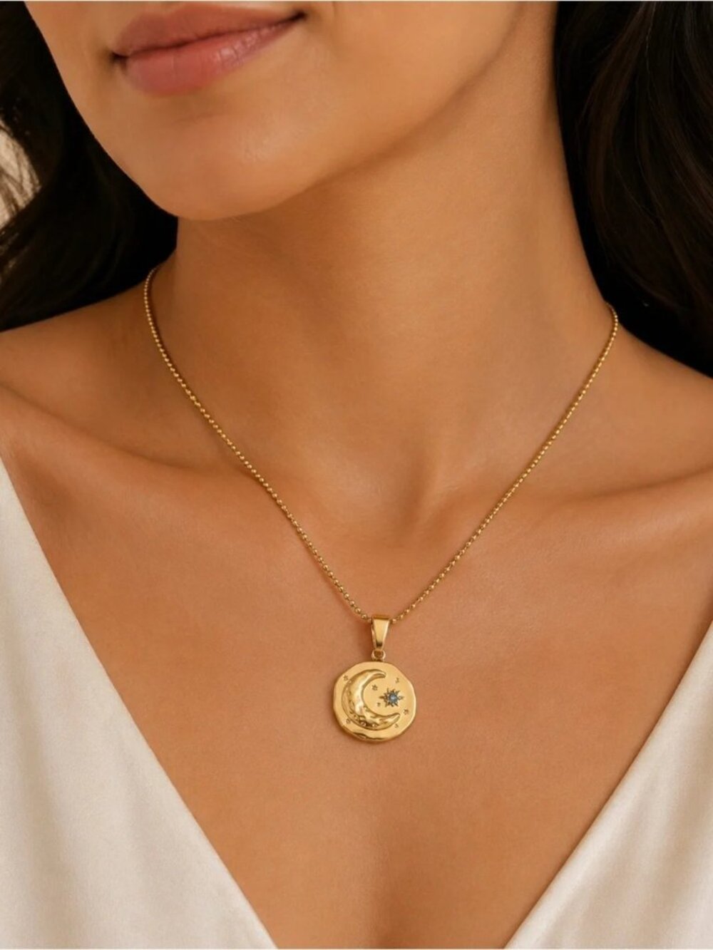 Gold Bohemian Crescent Moon & Star Medallion Necklace